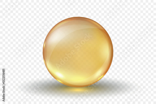 Vitamin B Soft Gel Capsule, Isolated. Realistic 3D Round Golden Transparent Omega-3 Bead, Pharmaceutical Supplement, Fish Oil, Health and Beauty Concept. Vector Illustration