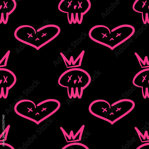 Graffiti style seamless pattern with pink scribble skulls and sad hearts. Edgy, punk, and alternative aesthetic for textiles, wallpapers, and rebellious streetwear fashion designs.