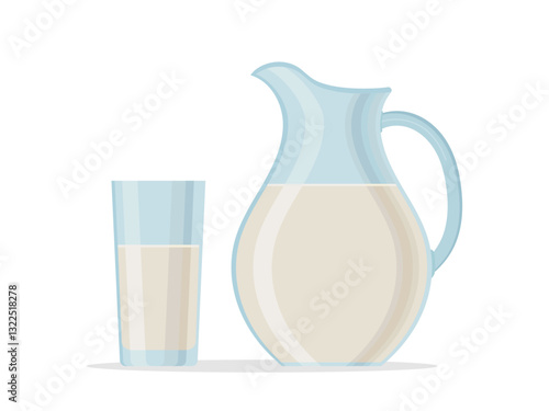 Milk in jug of glass, glass with milk icon flat style. Isolated on white background. Vector illustration