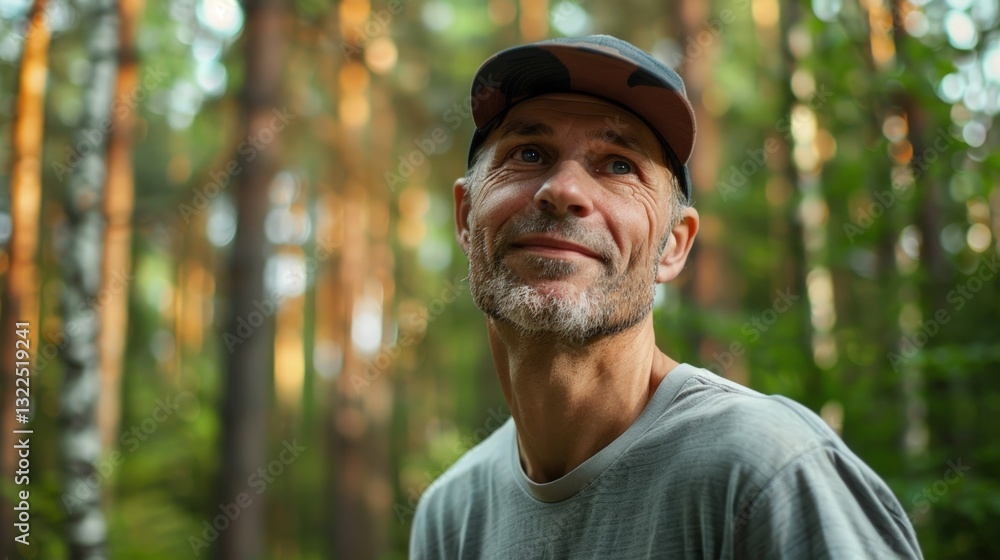 Obraz premium Realistic closeup portrait of middle aged Finnish person skateboarding through forest during summer season