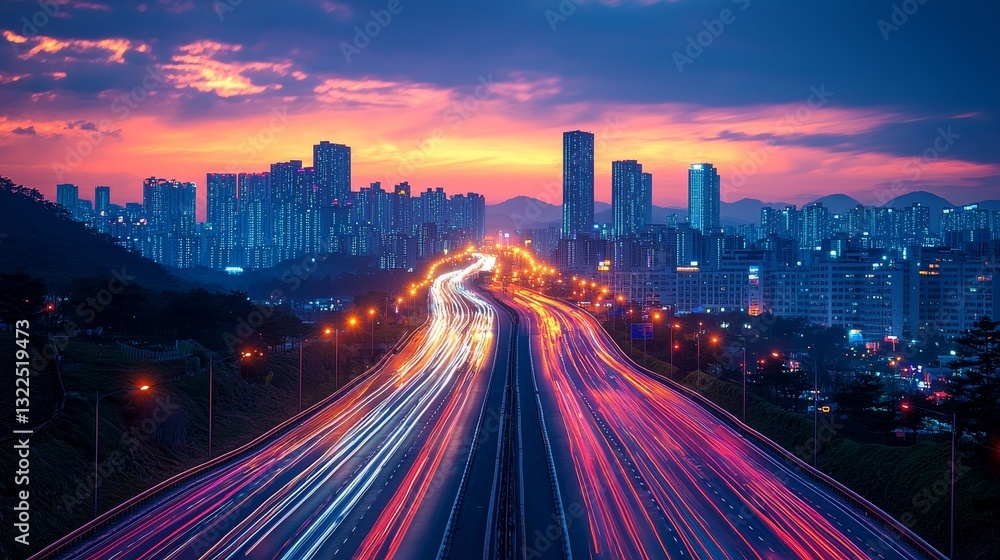 A cityscape at dusk captured through long exposure, featuring car lights and the dynamic movement of city life A cityscape at dusk captured through long exposure, featuring car lights and the dynamic movement of city life