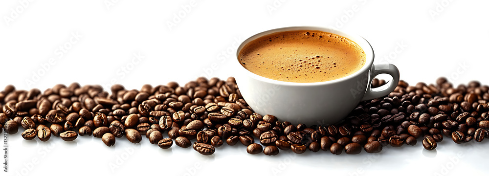 Naklejka premium White cup filled with espresso surrounded by scattered coffee beans isolated on transparent background. PNG