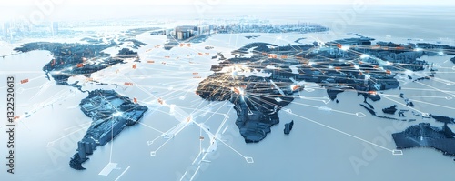 A conceptual world map displays global network connections and urban development