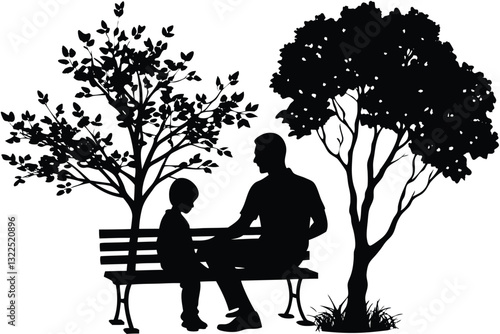 Dad and Son Sitting on a Park bench Silhouett