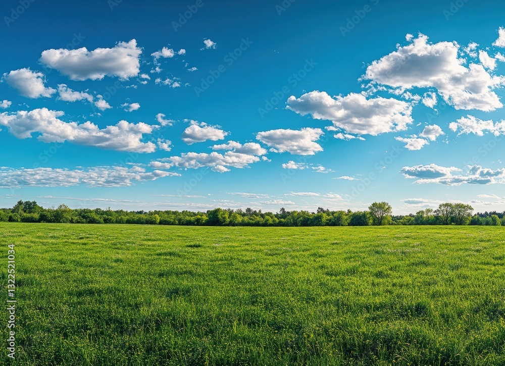 Obraz premium Expansive Green Meadow Under a Bright Blue Sky with Fluffy White Clouds in a Serene Landscape Setting