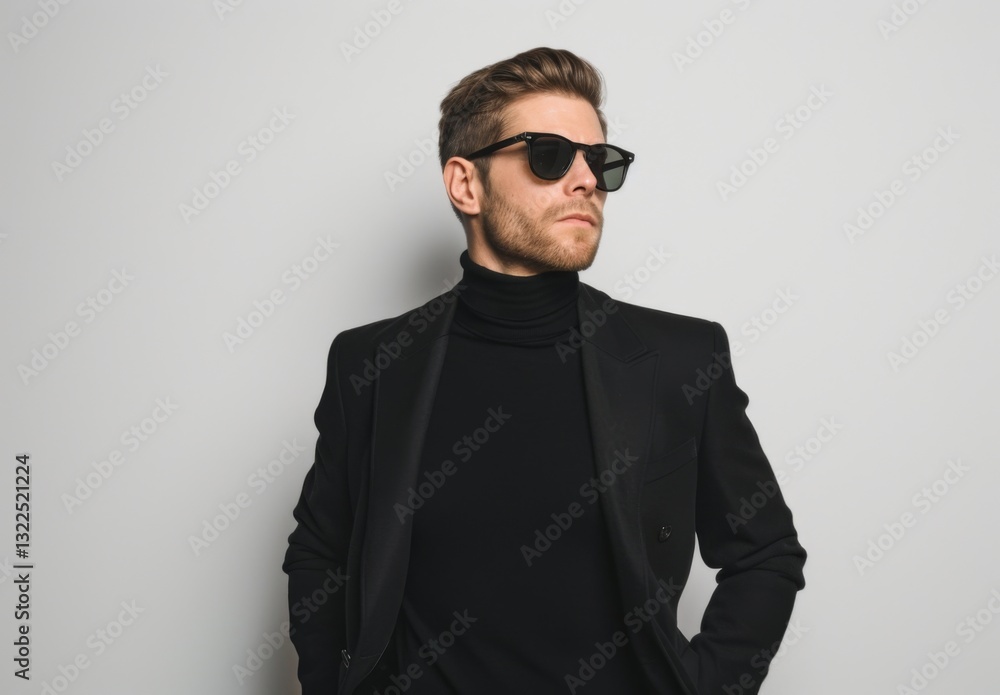 Obraz premium Serious body guard or secret agent wearing suit and sunglasses, isolated on grey background