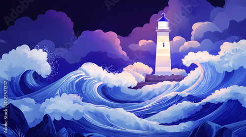 Growth fortitude illumination a stunning lighthouse amidst turbulent waves. Radiant Tides. Illustration