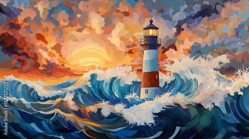 Growth fortitude illumination a stunning lighthouse amidst turbulent waves. Radiant Tides. Illustration