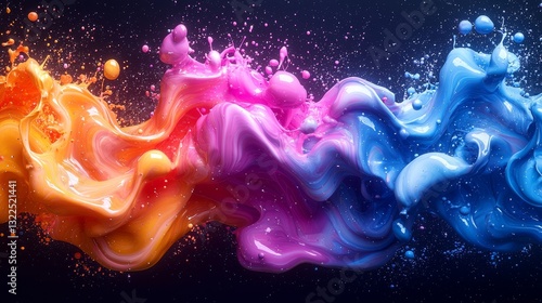 Rainbow hues float as liquid splashes, isolated on a black backdrop