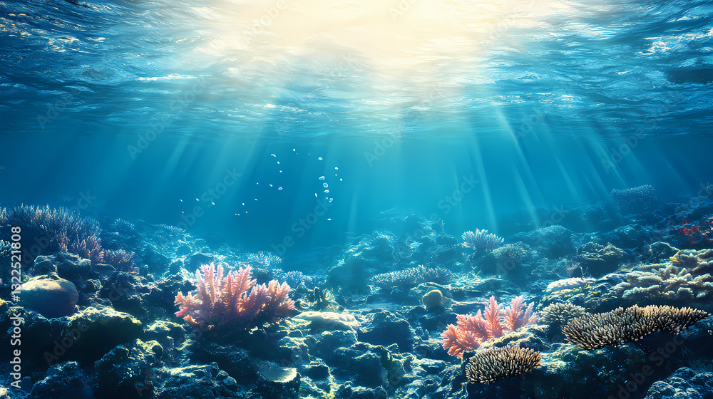 Fototapeta premium Ocean acidification concept. vibrant coral reef under clear blue water with sunlight streaming through. Radiant Tides. Illustration