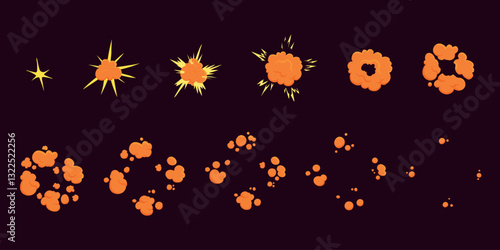 Cartoon motion explosions. Animated explosion shot, explode fire frames. Exploding effect frames vector illustration set. Explosion cartoon animation, boom movement, explore effect