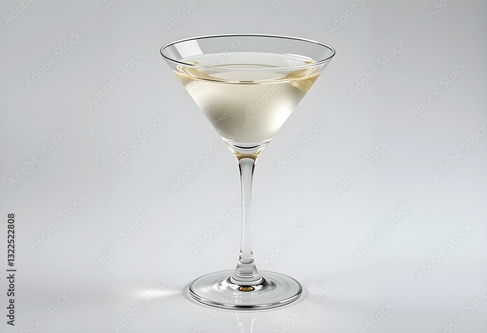 Classic martini glass with a clear drink, isolated on a white background with a sleek and minimalistic design. Classic martini glass with a clear drink, isolated on a white background with a sleek and minimalistic design.