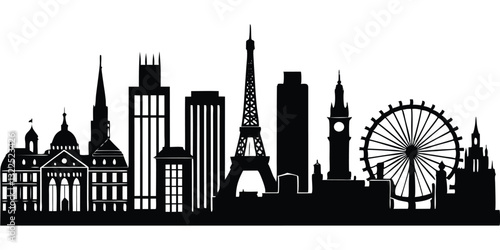 Paris skyline background. Paris famous landmark icon set. France, Paris travel black cityscape