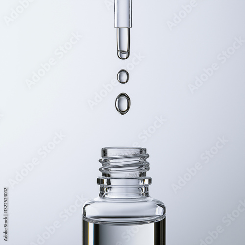 Dropper dispensing clear liquid into a bottle.