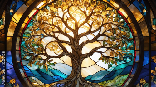 An intricate stained glass window showcasing a beautiful tree surrounded by vibrant colours and sunlight, capturing the essence of nature, growth, and spirituality in a artistic form
