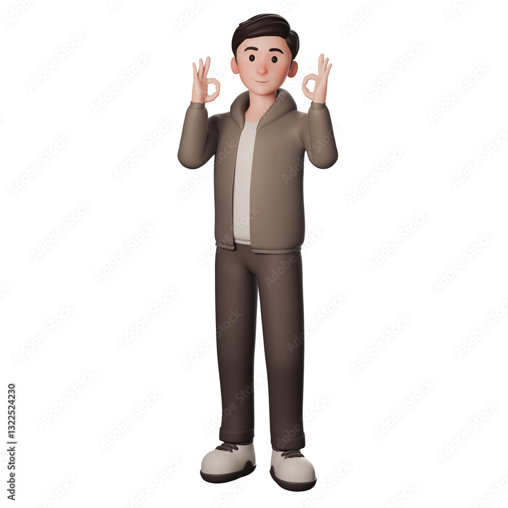 3D illustration of a casual cartoon man in brown dressed. shows ok or okay gesture with both hands 3D illustration of a casual cartoon man in brown dressed. shows ok or okay gesture with both hands