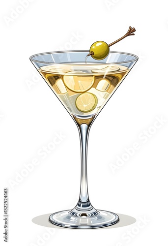 Classic martini glass with a clear drink, isolated on a white background with a sleek and minimalistic design.