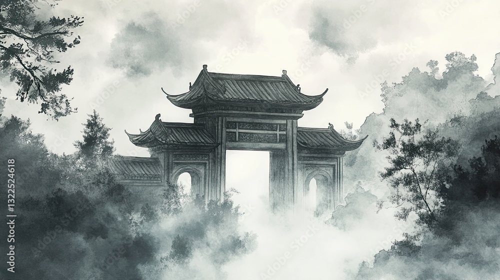 Ancient Temple Gate in the Mist