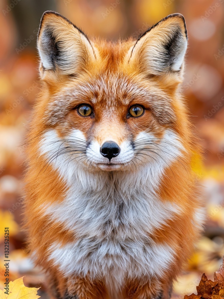 Fototapeta premium A striking red fox stands alert amidst a carpet of golden and orange leaves, displaying its beautiful fur and expressive eyes while surrounded by the serene beauty of autumn in the forest.