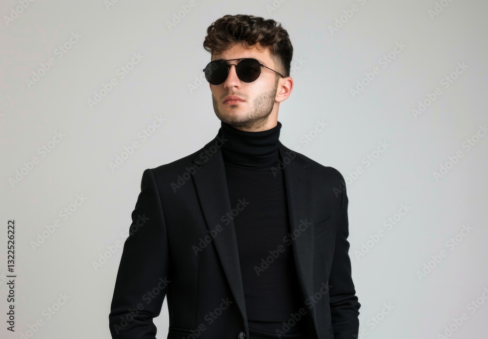 Obraz premium Serious body guard or secret agent wearing suit and sunglasses, isolated on grey background