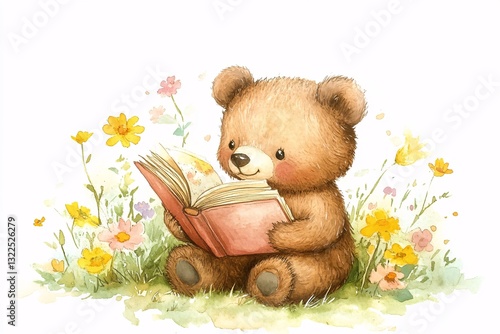 Charming teddy bear reading a book, surrounded by wildflowers in a meadow. Watercolor.