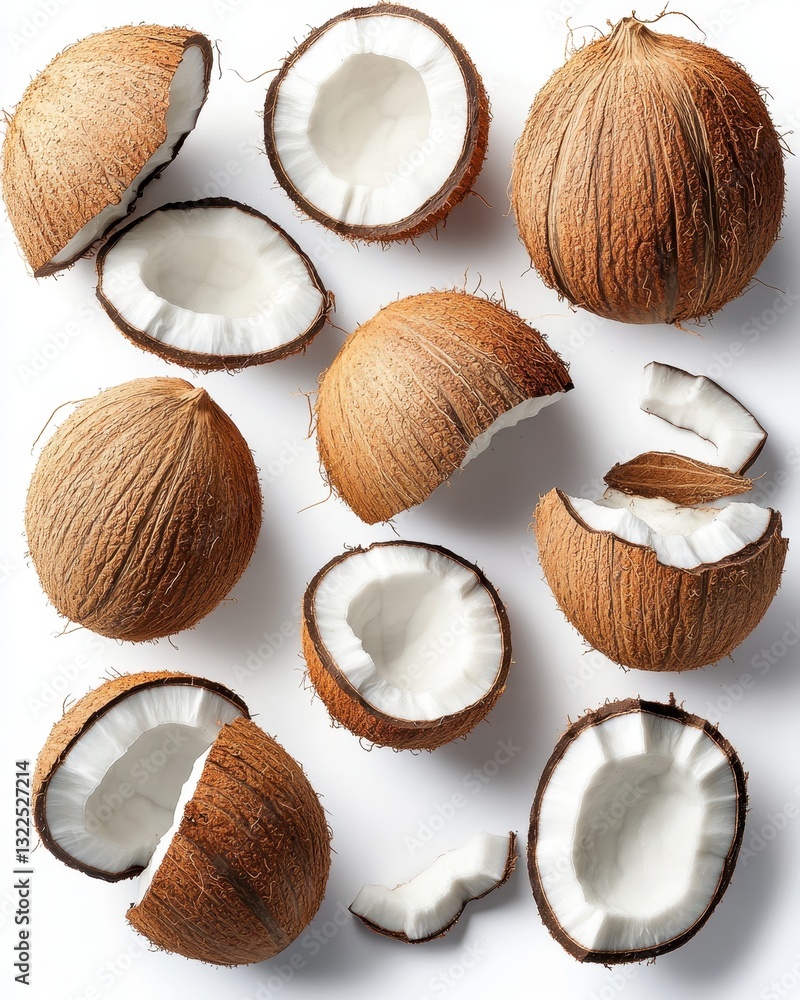 High-Quality Close-Up of Brown Coconut Shells and White Coconut Flesh on White Background for Food and Natural Healthy Lifestyle Designs High-Quality Close-Up of Brown Coconut Shells and White Coconut Flesh on White Background for Food and Natural Healthy Lifestyle Designs