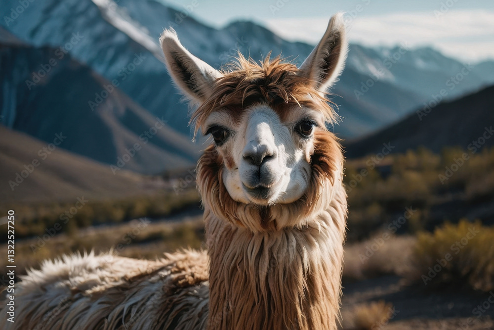 Obraz premium A Llama standing on a grassy field with mountains in the background under a bright sky. A serene and natural setting showcases the charm of this South American creature in its habitat
