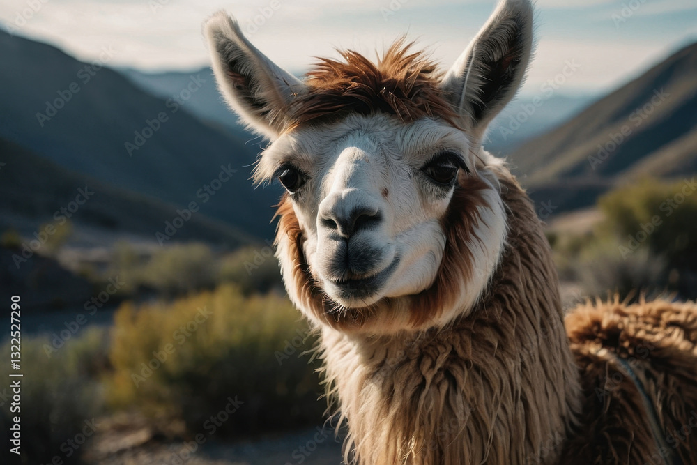 Obraz premium A Llama standing on a grassy field with mountains in the background under a bright sky. A serene and natural setting showcases the charm of this South American creature in its habitat