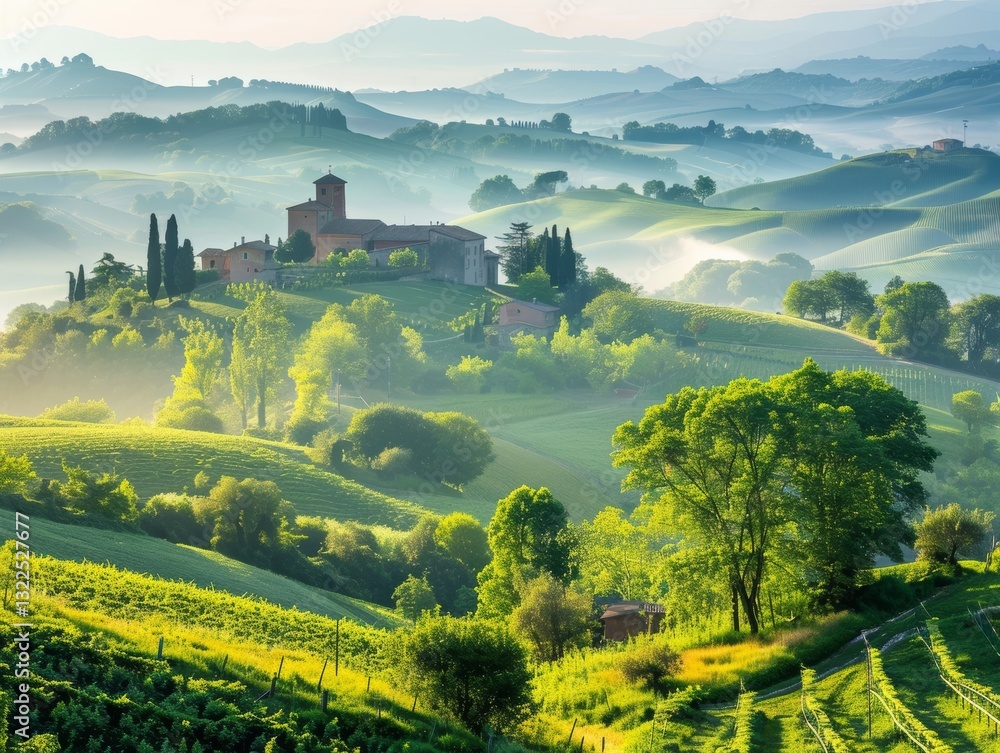 Naklejka premium Serene Countryside Landscape with Rolling Hills and Vintage Vineyards in Morning Light