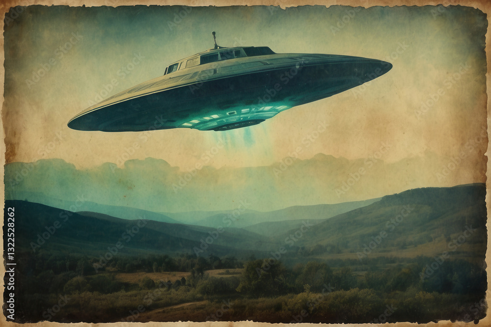Obraz premium A retro-styled depiction of an extraterrestrial spacecraft, featuring a glowing beam of light, floating over a serene rural environment. Perfect for sci-fi enthusiasts and themed projects
