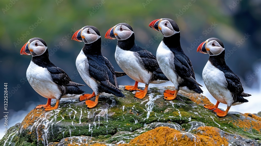 Fototapeta premium Bright orange-beaked puffins gather on a vibrant, moss-covered rock near the ocean, their charming postures reflecting the beauty of their natural coastal habitat.
