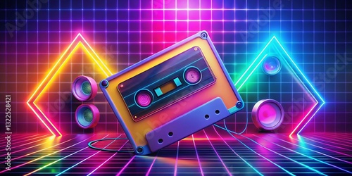 80s Retro Party Design Template: Funky Cassette Tape & Neon Lights Background
