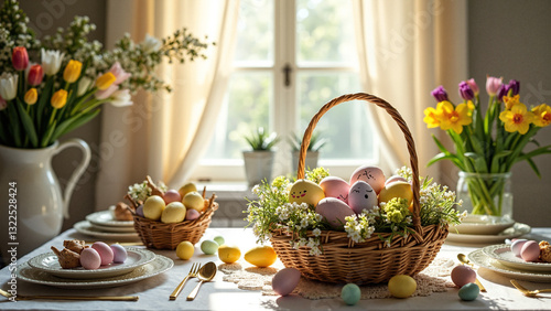 Easter Celebration: A Vibrant Table Setting with Pastel Decor and Hand-Painted Eggs for Marketing Seasonal Events and Family Gatherings