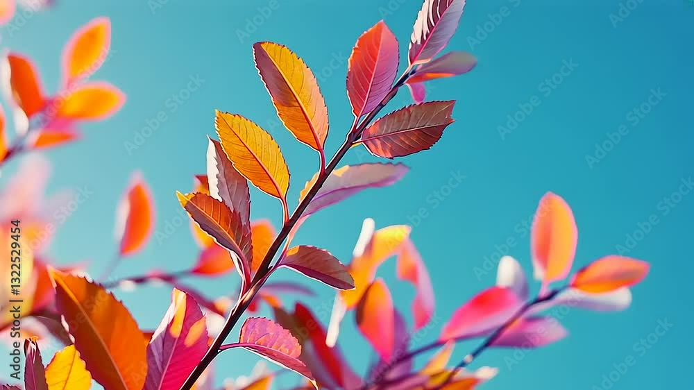 Close-up of vibrant autumn leaves against a soft blue background. Close-up of vibrant autumn leaves against a soft blue background.