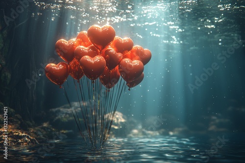 Heart-shaped balloons float upwards in slow-motion footage underwater