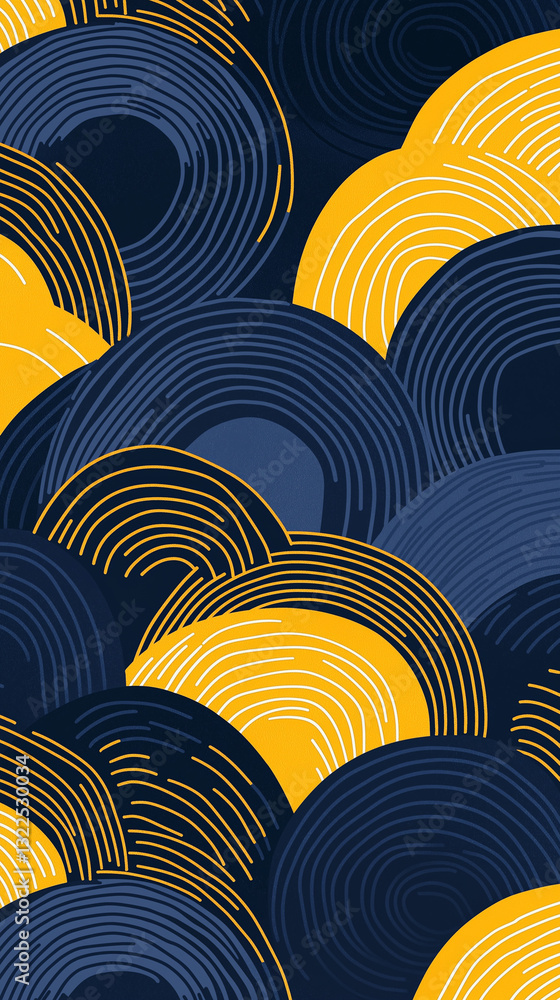 Overlapping semi-circular shapes in blue and yellow with text space