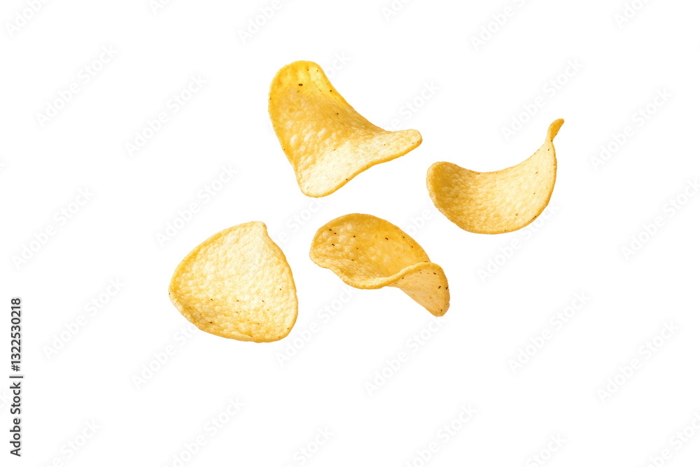Four pieces of potato chips are floating in the air, isolated Four pieces of potato chips are floating in the air, isolated