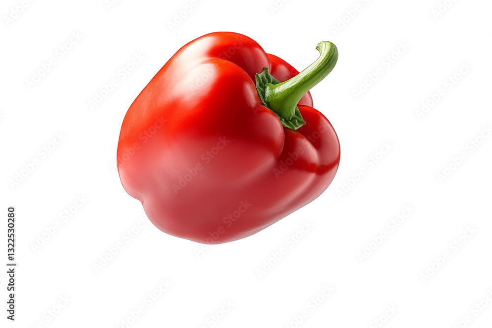 Red pepper is shown in the air with a green stem, isolated Red pepper is shown in the air with a green stem, isolated