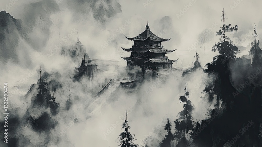 Obraz premium Ink Wash of a Temple Veiled in Thick Morning Fog