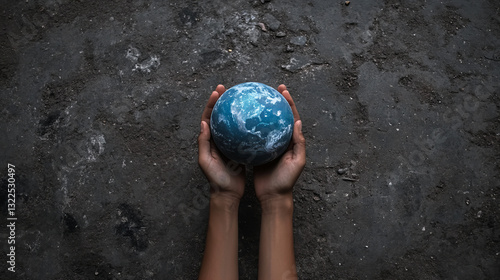 Fototapeta Naklejka Na Ścianę i Meble -  Child's hands cradling a globe illustration on a chalkboard, symbolizing global responsibility, environmental awareness, sustainability, and earth protection. Ideal for conservation, eco-friendly