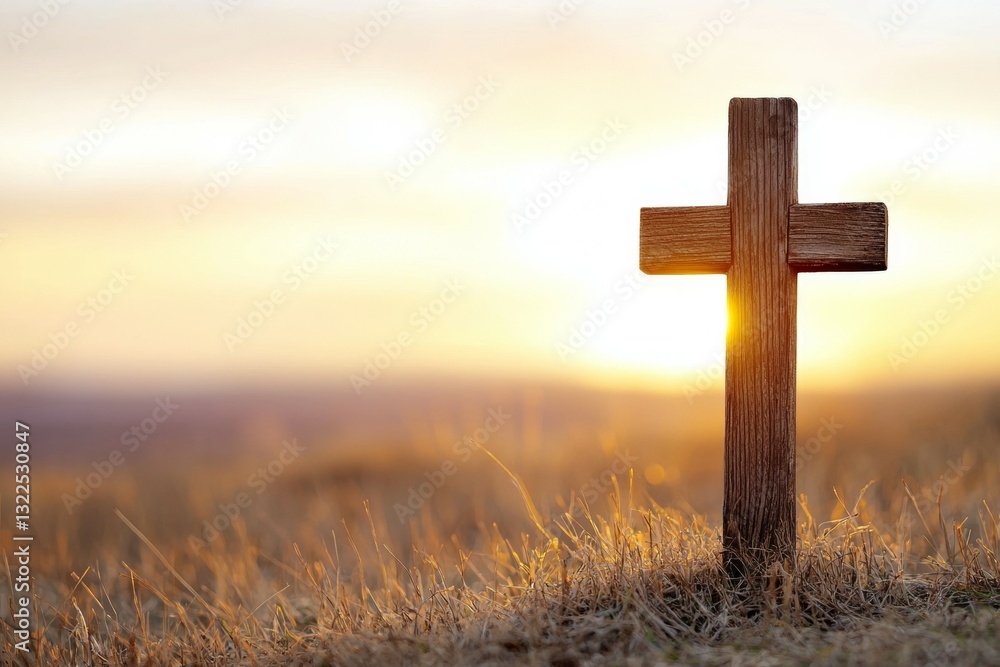 Wooden cross is standing in a field of tall grass Wooden cross is standing in a field of tall grass