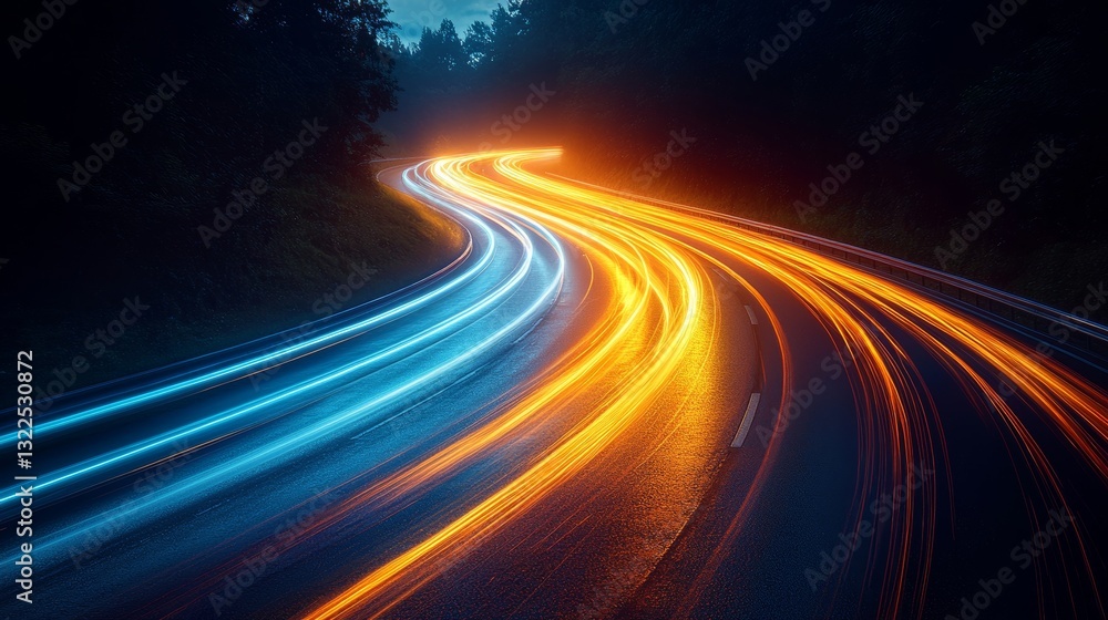 High-speed modern abstraction showcasing dynamic motion light trails against a dark backdrop. A special lens flash creates a light effect, shooting out rays similar to those of a searchlight High-speed modern abstraction showcasing dynamic motion light trails against a dark backdrop. A special lens flash creates a light effect, shooting out rays similar to those of a searchlight