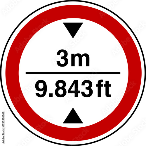 Free Download 3 m height restriction circular sign sticker with conversion to 9.843 feet,ft - GFXLoad