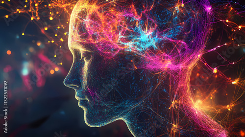 Colored_neural_connections_in_the_human_head. Fractal Lumens. Illustration