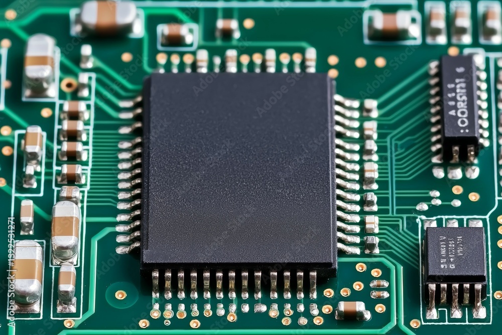 Close up of a computer chip with a black chip on it Close up of a computer chip with a black chip on it