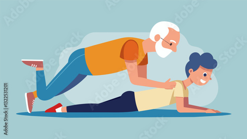 A man in his 80s completing a plank while his trainer counts down the seconds proving that age is just a number when it comes to strength and fitness.. Vector illustration