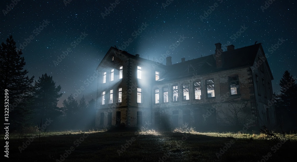 Eerie abandoned mansion illuminated by moonlight under starry night sky Eerie abandoned mansion illuminated by moonlight under starry night sky