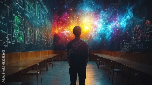 A young person gazing at a cosmic scene projected onto a chalkboard-filled classroom