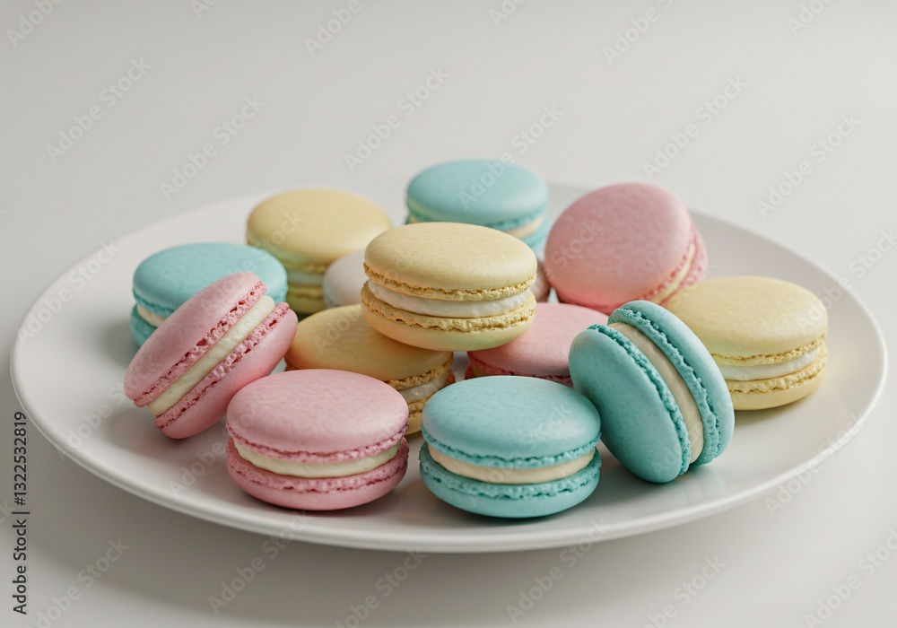 Obraz premium Delicious macarons, delicious macarons, delicious food, delicious snacks, Pastel-colored macarons elegantly arranged on a ceramic plate