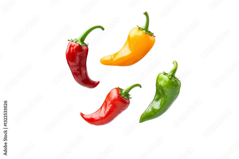 Four peppers of different colors are shown in the air, isolated Four peppers of different colors are shown in the air, isolated